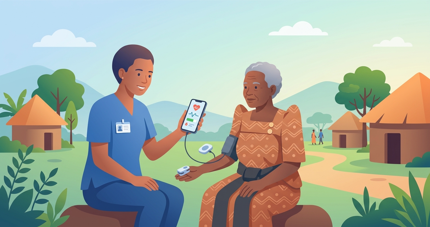 How are villages in Uganda getting vital-sign checks without any equipment?